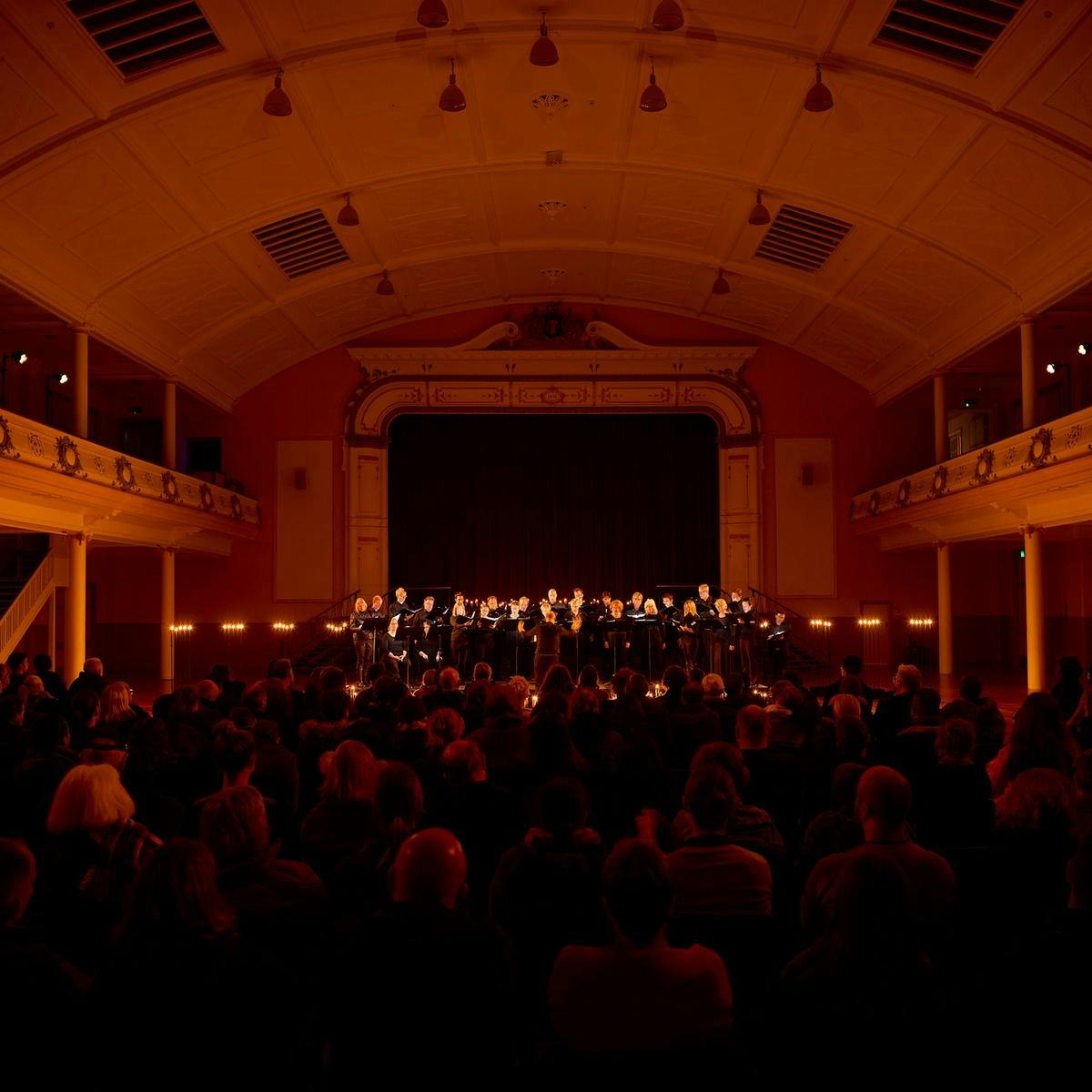 A seated crowd gather to watch a choir perform at Hobart City Hall.