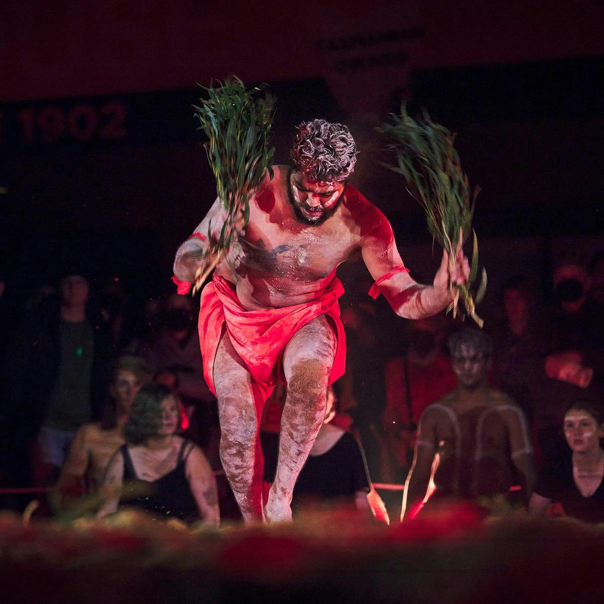 A person wearing body paint, holds two branches as they perform a ceremony. Behind them a crowd watches.