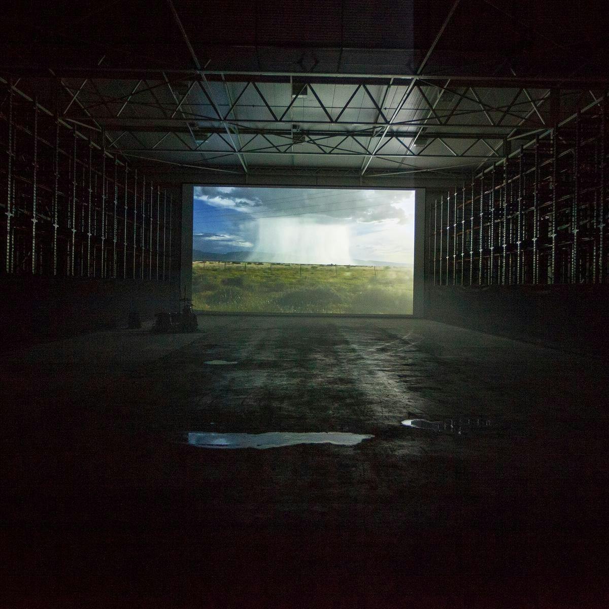 A long warehouse is dimly lit by a large screen. On the screen is a rural setting, consisting of grass, shrubbery and a large raining cloud.